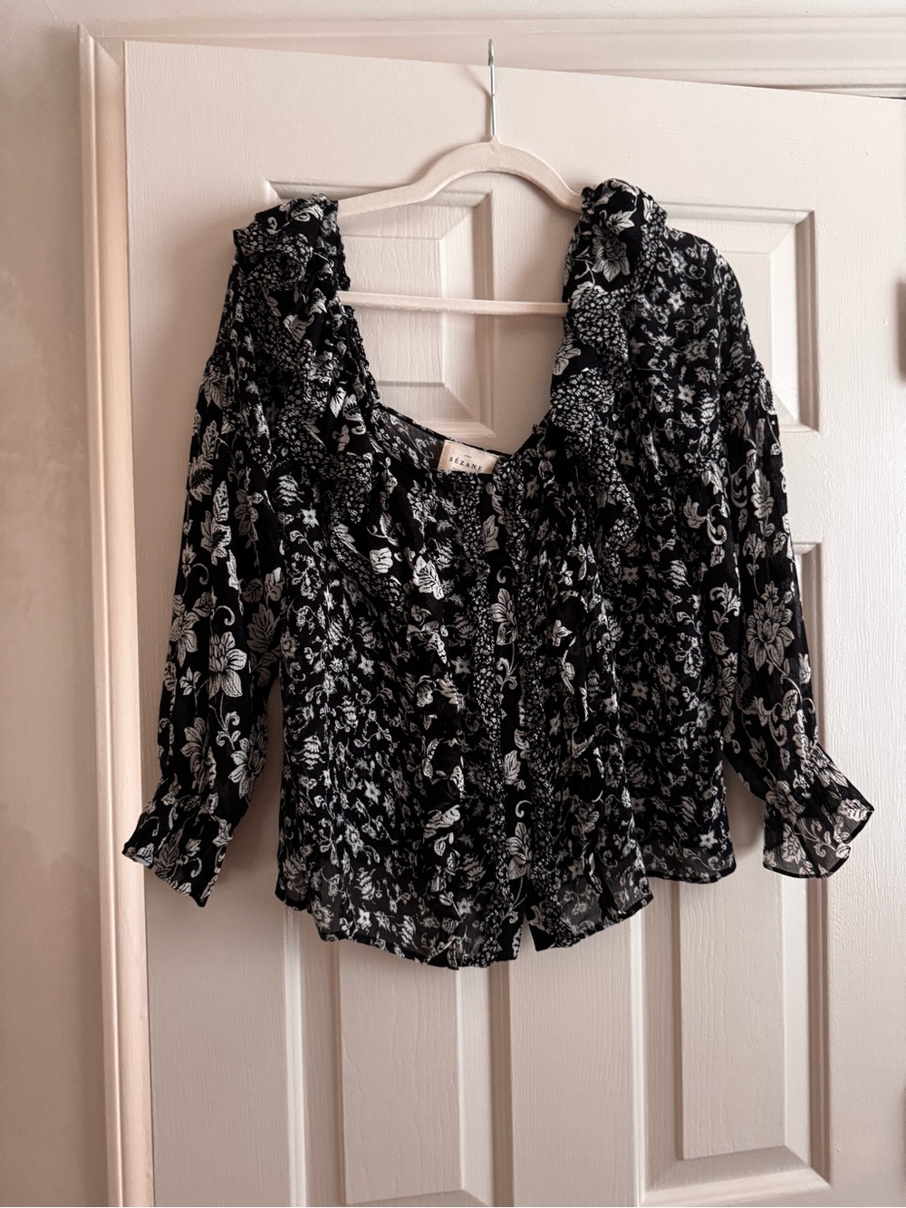 Sezane Black & White Floral Ruffle Blouse